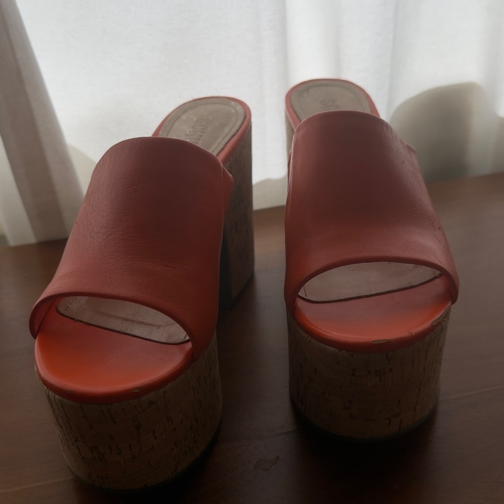 Schutz Dalle Flame Orange Leather Cork Platform Mule Sandals Size 7 - Picture 5 of 5